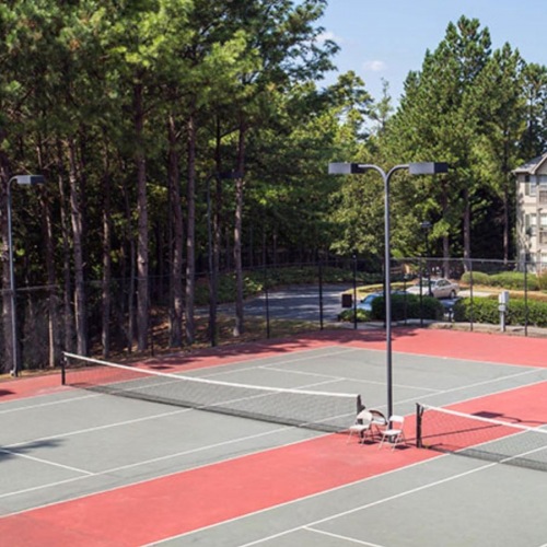 a tennis court with a red court