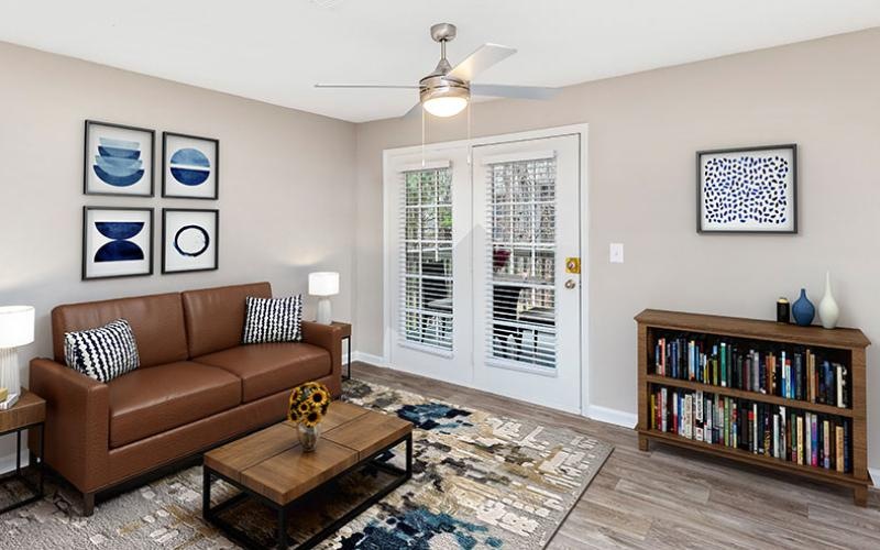 a living room with a couch and a coffee table